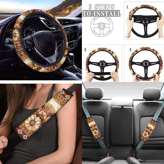 Tupalatus Highland Cow Flower 9 Pack Seat Covers Full Set Car Accessories Steering Wheel Protector Auto Seat Belt Cover Coasters Gear Shift Cover Hand Brake Cover for Women