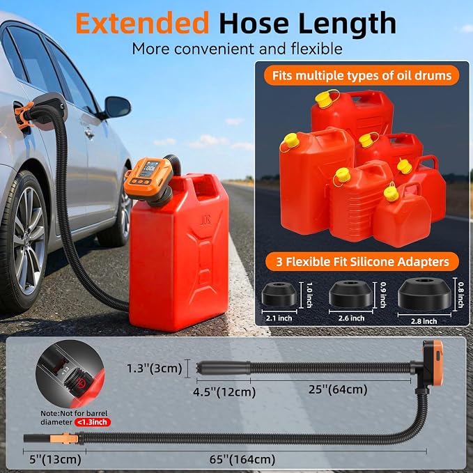 Electric Fuel Transfer Pump, Automatic 3.8 GPM Gas Can Pump, Cordless Fuel Pump Built in 6000mAh Rechargeable Battery, LED Display, Auto Stop, Adjustable Flow, 90" Hose, 3 Adapter for Gasoline, Diesel
