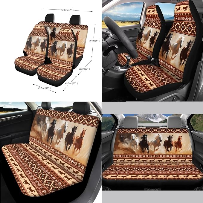 Aztec Horse Print Car Accessories Seat Covers Full Set of 14, Including Front and Rear Split Bench Seat Covers Steering Wheel Cover Center Console Pad Safety Belt Pads Cup Mats