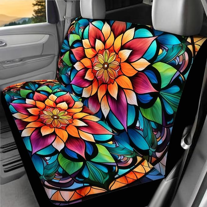 Mandala Lotus Car Seat Covers Full Sets 18 Pieces Hippie Print Car Interior Accessories Sets Car Headrest Covers Seatbelt Covers Steering Wheel Wrap Car Trash Can Universal Fit Most Vehicle
