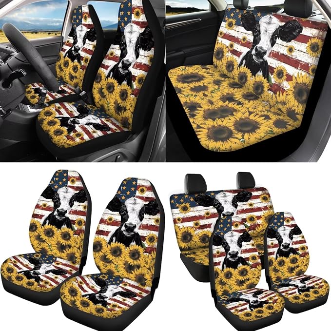 12 Pcs Cow Sunflower American Flag Car Seat Covers Full Set for Women Men,Independence Day Patriotic USA Flag Auto Seat Protection +Steering Wheel Cover+Keyring Armrest Pads+Seatbelt Pads