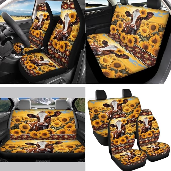 14Pack Western Cow and Sunflower Car Seat Covers Cow Auto Accessory Full Set+Steering Wheel Cover+Seatbelt Pads+Handbreak Cover+Vehicle Coaster+Keychain+Car Rear View Mirror Cover for Women