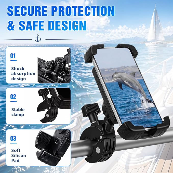 Tellegloww 1 Pack Boat Phone Holder, Marine Cell Phone Holder No Sunshade, Black 360 Degree Adjustable Knob Crab Clamp, Smartphone Accessory for Boat Rail, Car, Cycling, Pontoon and Outdoor Use