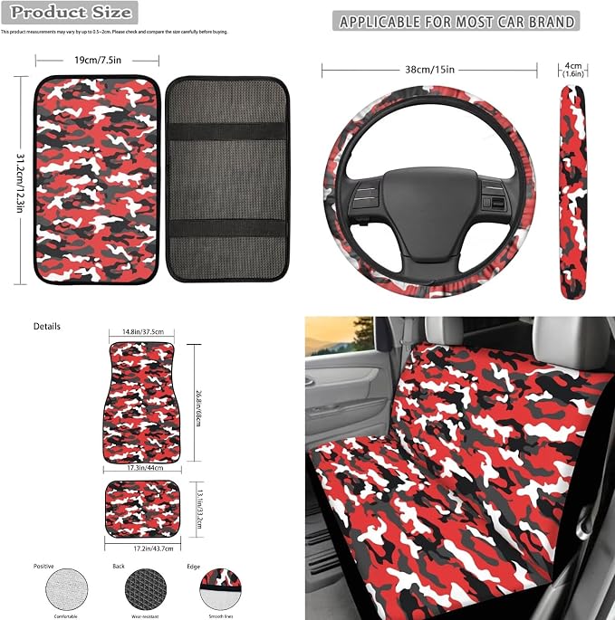 17Pcs Red Camo Print Car Seat Cover Set, Easy Install, Car Seat Cover with Mats Steering Wheel Cover Armrest Cover Car Seat Belt Covers Car Coaster Keychain Roof Gloves