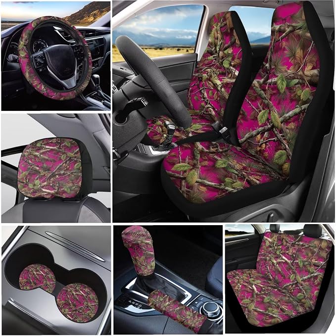 KEIAHUAN Car Seat Covers for Women Pink Hunting Camo Design with Handbrake & Gear Shift Cover,Headrest Covers,Steering Wheel Cover,Cup Coasters Fits Most SUV,Sedan,Truck