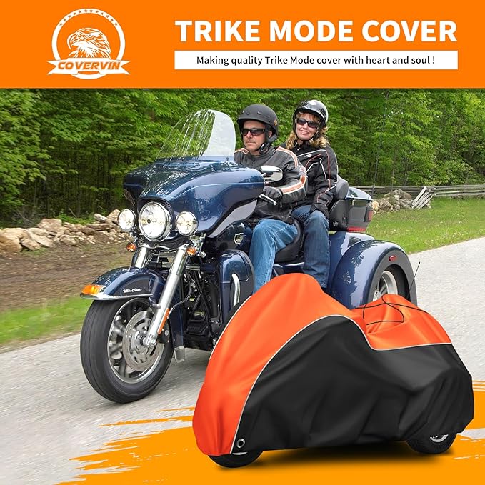 COVERVIN Trike Cover, Waterproof 3 Wheel Motorcycle Cover for Harley Honda Goldwing Freewheeler Tri Glide Ultra, with Antenna Opening, Windproof Buckles & Reflective Strips (Black&Orange)