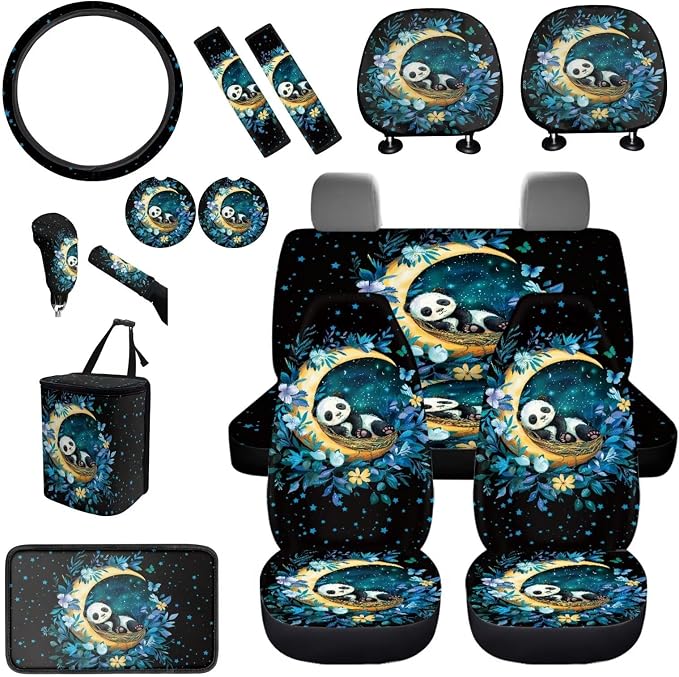 BIGCARJOB 15 Pcs Cute Panda Car Interior Sets for Women Car Seat Cover Vehicle Bucket Seat Cover Full Set Trash Can Car Seat Headrest Pillow Cover Seat Belt Pads