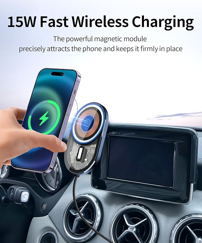 Wireless Charging Car Phone Holder for Mercedes Benz GLA-Class 2015 / CLA-Class 2015, 5.8" Screen Fixed Clip, 360° Rotation Car Phone Mount Compatible with MagSafe
