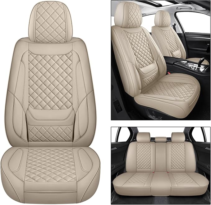 Beige Leather Car Seat Covers Full Set Breathable Seat Protectors Waterproof Automotive Seat Covers Universal Fit for Most Cars SUVs Trucks Vehicles