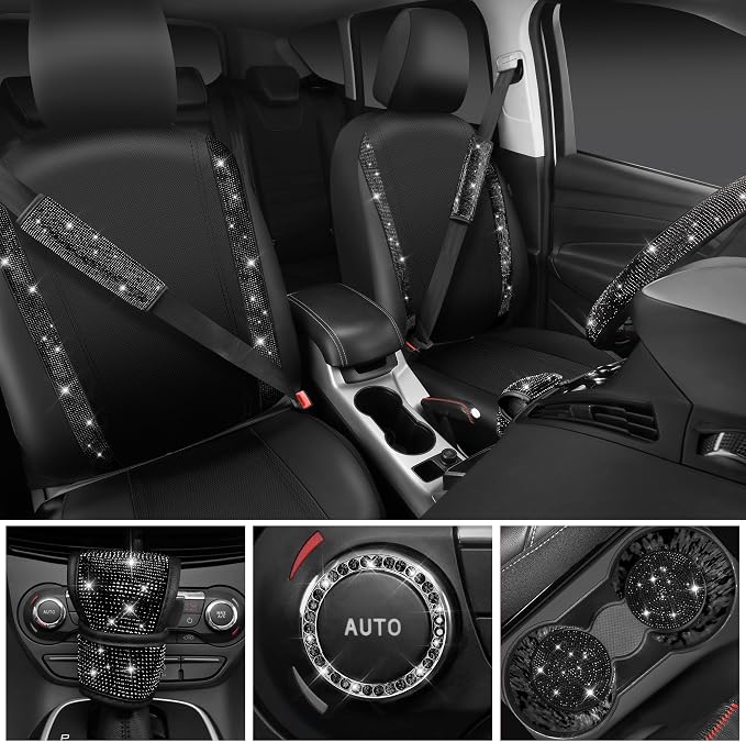 CAR PASS Diamond Bling Leather Seat Covers Set Car Floor Mats Glitter Rhinestone Steering Wheel and Car Interior Accessory Set for Women Black
