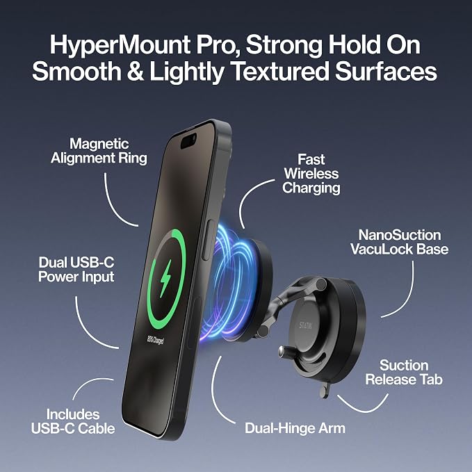Statik HyperMount Pro Phone Mount, Magnetic Phone Holder, 15W Wireless Charging, MagSafe Car Mount, Works on Smooth & Lightly Textured Surfaces, iPhone and Android Compatible, Charging Cable Included
