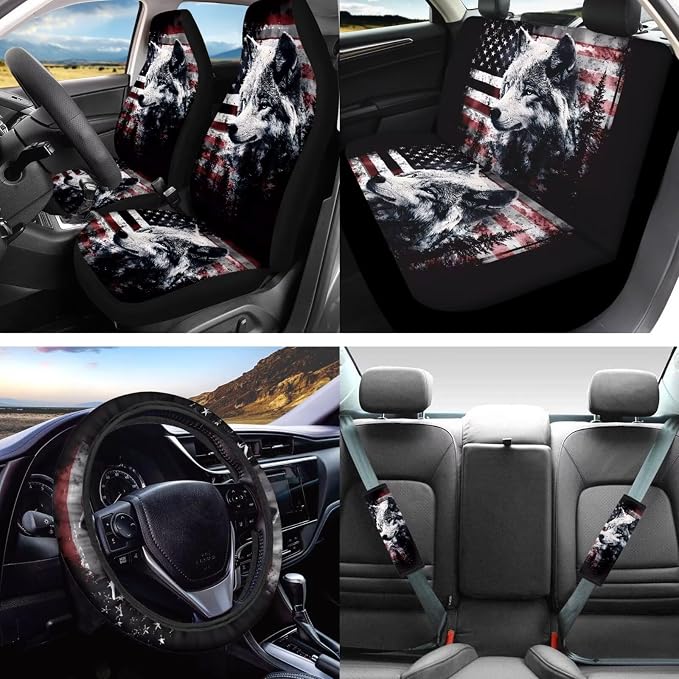 Lotusorchid Wolf Forest Print Car Accessories Full Set American Flag Print Car Front Back Seat Covers Safety Belt Pads Headrest Cover Armrest Pad Gear Shift Knob Protector Cup Holder Coaster
