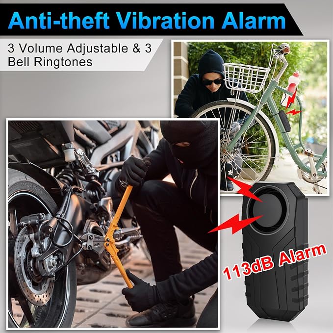 USUPERINK Bicycle Alarm and Remote, Bicycle Alarm System Anti Theft, Wireless Scooter Alarm System, Moped Alarm 113db Super Loud IP65 Waterproof SOS Emergency Function with Different Remote Control