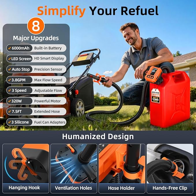 Electric Fuel Transfer Pump, Automatic 3.8 GPM Gas Can Pump, Cordless Fuel Pump Built in 6000mAh Rechargeable Battery, LED Display, Auto Stop, Adjustable Flow, 90" Hose, 3 Adapter for Gasoline, Diesel