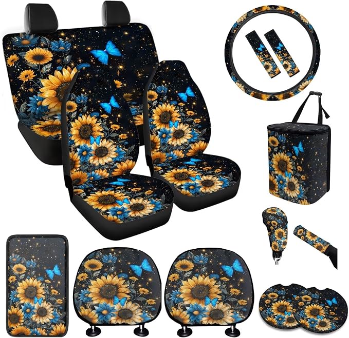 BIGCARJOB 15 Pcs Blue Butterfly Car Interior Sets for Women Car Seat Cover Sunflower Print Vehicle Bucket Seat Cover Full Set Trash Can Car Seat Headrest Pillow Cover Seat Belt Pads