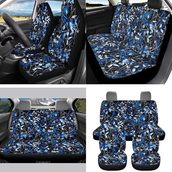 15 Pcs Blue Camouflage Car Seat Covers Full Set for Women Butterfly Car Accessories Interior Car Steering Wheel Cover Seatbelt Covers Trash Bin Rear View Mirror Cover Cup Holders Keychain