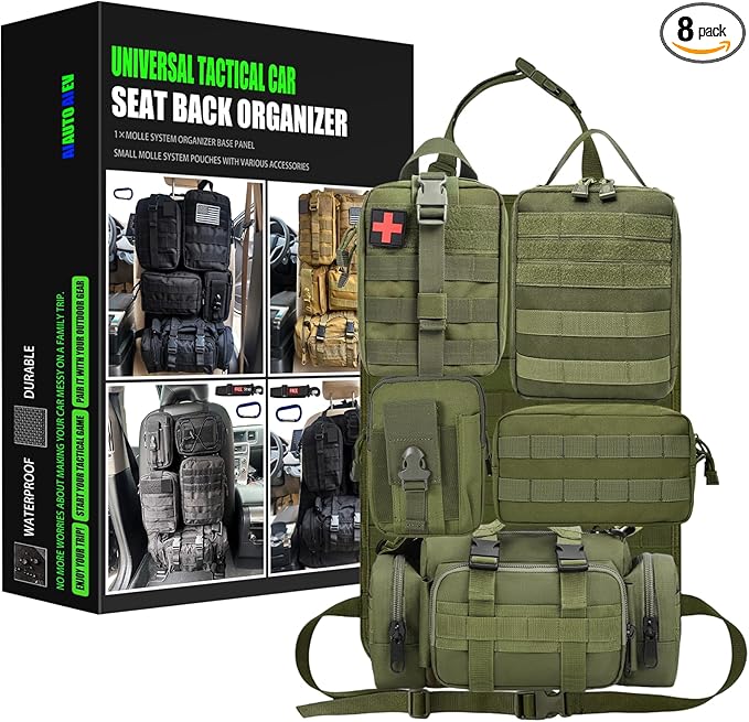 7 PACK Tactical Seat back organizer Truck organizer With 6 Detachable Pouches Universal For Car Truck Ford Jeep Military-Grade Heavier Panels With Multi-functional Packs (Army green)