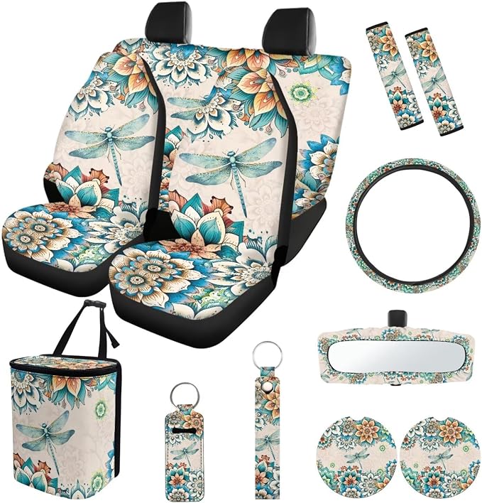 Suobstales Boho Dragonfly Mandala Print Car Seat Covers Set of 13 with Universal Steering Wheel Cover, Rearview Mirror Cover, Car Trash Can, Seatbelt Pads, Cup Holder Coasters, Keychains