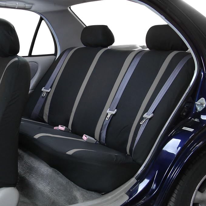 FH Group Automotive Seat Covers Unique Flat Cloth Gray Full Set, Combo Steering Wheel Cover and Seat Belt Pads Rear Solid Bench Universal Fit for Vans Cars Trucks and SUV Interior Accessories