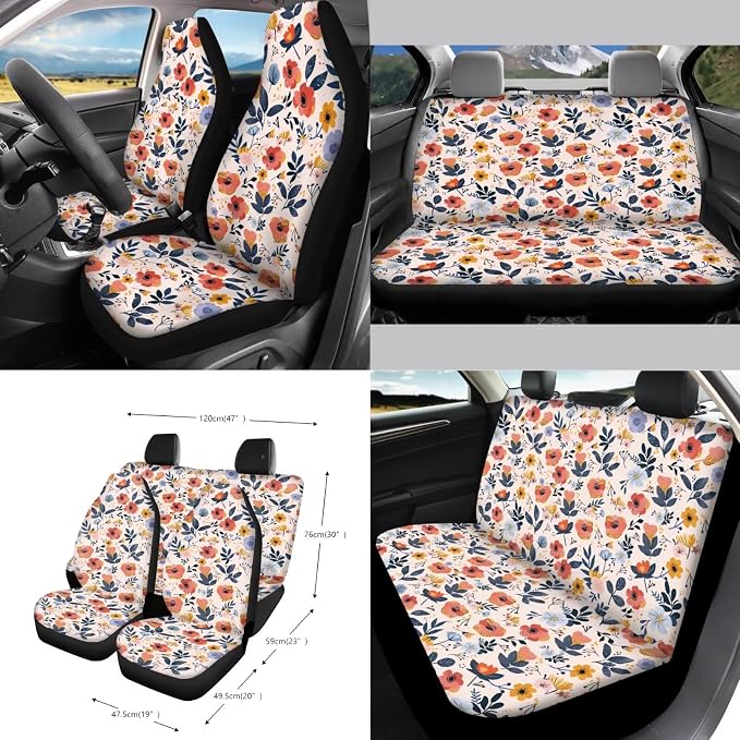 Flower Print Car Seat Cover Sets for Women Full Set, Universal Front and Rear Split Bench Seat Cover with Steering Wheel Cover Safety Belt Pads Garbage Bag Car Air Vent Organizer