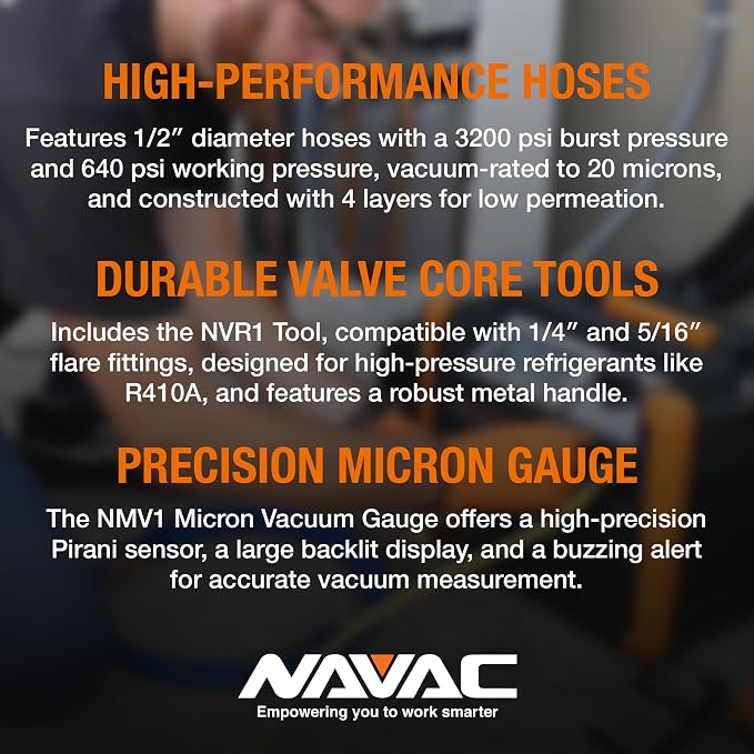 NAVAC NEVK3 Rapid Evacuation Kit - Valve Core Removal Tool Set with 1/4″ & 5/16″ VCRT, 3/8″ to 1/4″ & 1/2″ to 1/4″ Fittings, Micron Vacuum Gauge & High-Performance Refrigerant Evacuation Hoses