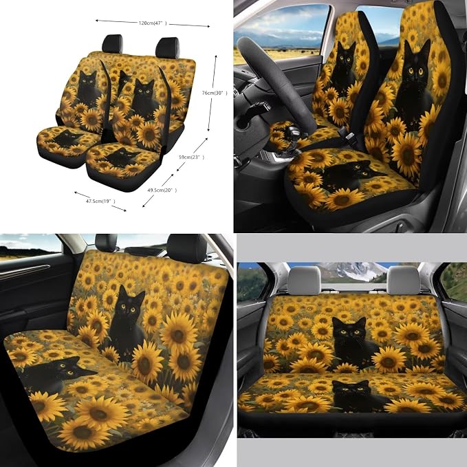 Suobstales Cat Sunflower Print Car Accessories with Car Front Rear Split Seat Covers, Seat Belt Pads + Steering Wheel Cover + Coaster + Keyrings for Women Men Set of 11-Pcs