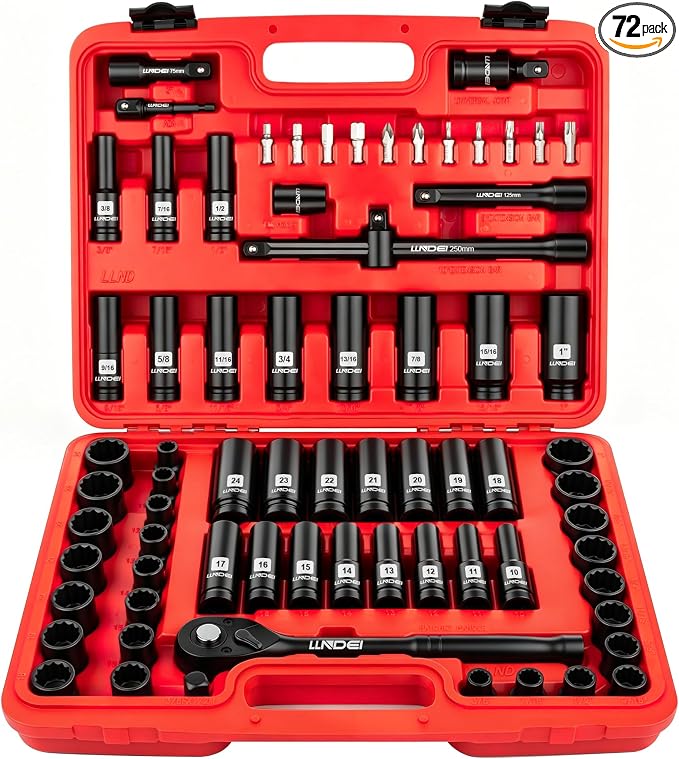 LLNDEI 72 Piece 1/2 Inch Drive Socket Set, 6 & 12 Point Impact Sockets, Deep & Shallow Sockets, Cr-V Steel, Metric & SAE, Including Extension Bars, Ratchet Handle, Adapters, Universal Joint, Bits Set