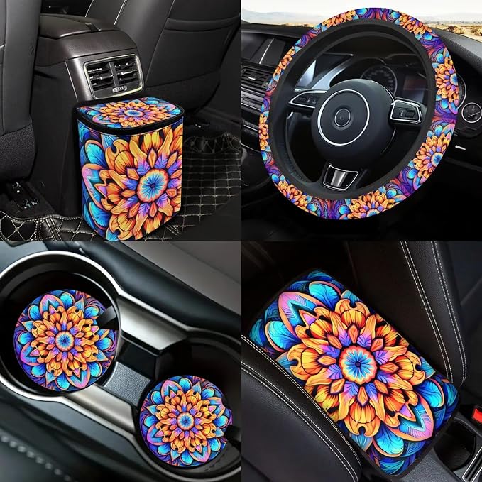 Mandala Lotus Car Seat Covers Full Sets 18 Pcs Universal Car Interior Accessories Set with Mandala Flower Print Car Headrest Covers Steering Wheel Cover Keychain Vehicle Trash Bag