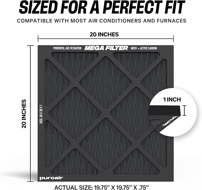 PuroAir MegaFilter - 20x20x1 Air Filter MERV 13 Activated CarbonTech Defense - Heavy Duty 3 Layer Furnace Filters Allergens, Pollen, Dust, Pet Dander, Smoke, Odors - HVAC Air Filter 20x20x1 (4-Pack)