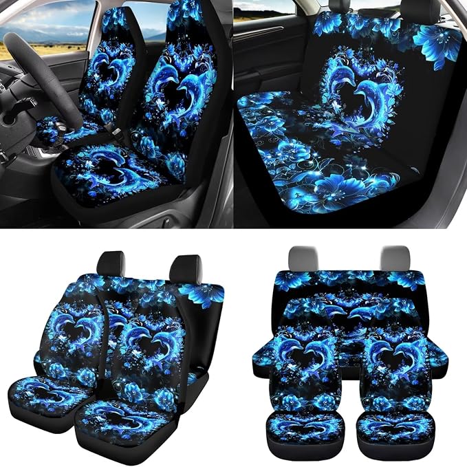Heart Floral Dolphin Car Seat Covers Full Set 8 Pcs Car Accessories for Women Front Seat Cover Steering Wheel Armrest Cover Seat Belt Cover for Auto SUV Interior Decoration