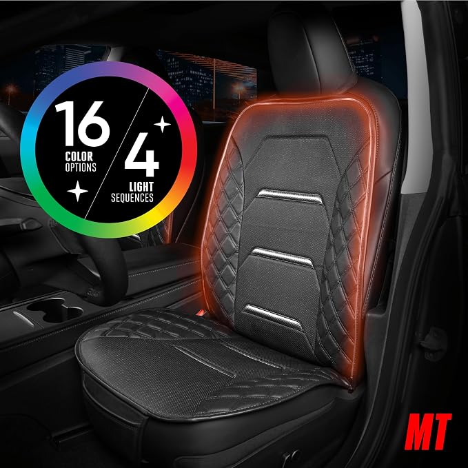 Motor Trend RGB LED Car Seat Protector with Remote 2 Pack — Color-Changing Front Seat Cover, 4 Modes (Music Sync, Pulse, Fade, Static), Universal Fit, Faux Leather Trim, Waterproof & Easy Install