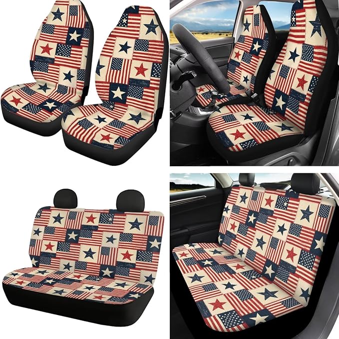 American Flag Print Car Seat Covers Front and Back Full Set 250 Year Decorative Headrest Covers Steering Wheel Cover Safety Belt Pads Armrest Cushion and Cup Coasters