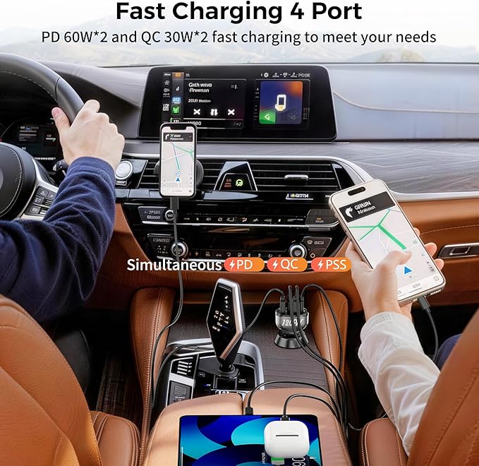 SONRU 4-Port USB C Car Charger, 120W 2*【PD60W+QC30W】 Cigarette Lighter USB Car Charger Adapter, Fast Car Phone Charger for iPhone 17/17 Pro Max/16/15/14 Series, Galaxy S24/23,iPad, Galaxy, Tablet