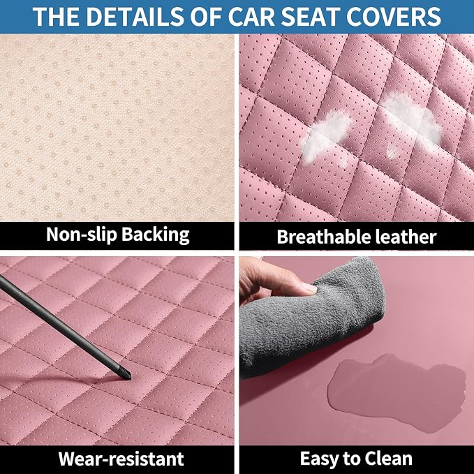 Pink Leather Car Seat Covers Full Set Breathable Seat Protectors Waterproof Automotive Seat Covers Universal Fit for Most Cars SUVs Trucks Vehicles
