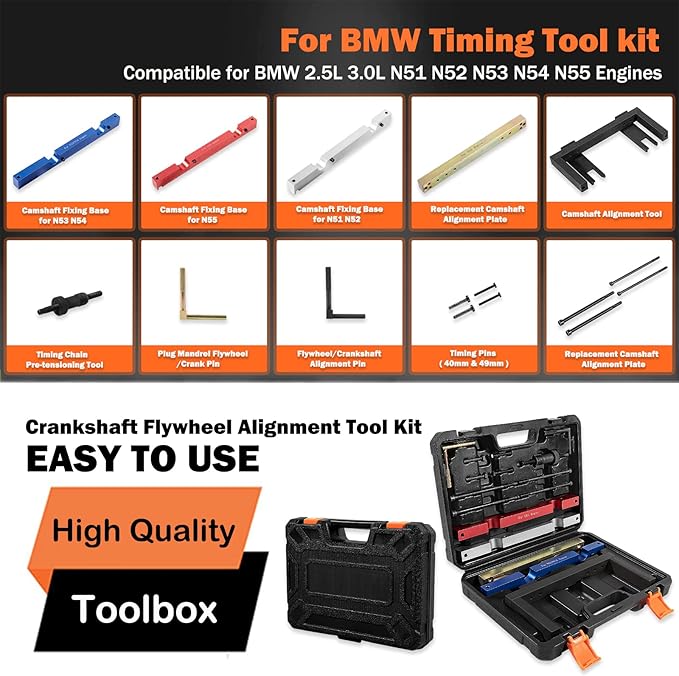 E-cowlboy Fit for BMW Timing Tool kit Master Engine Timing Vanos Cam Camshaft Locking Tool,Crankshaft Flywheel Alignment Tool Kit Compatible for BMW 2.5L 3.0L N51 N52 N53 N54 N55 Engines