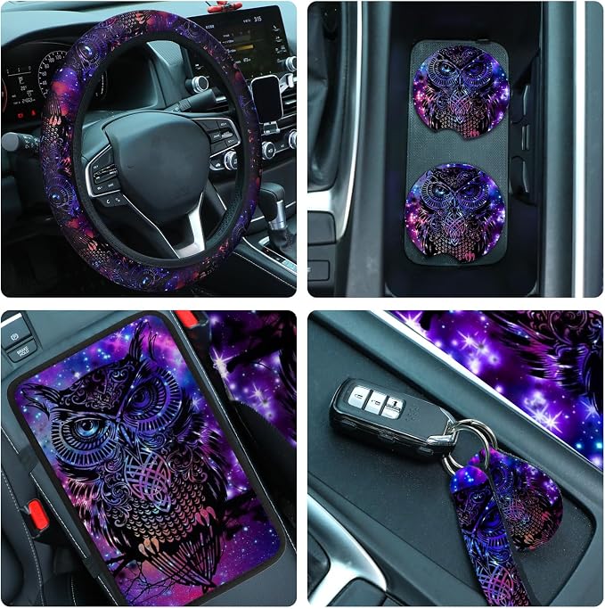 Riakrum 15 Pcs Purple Colorful Owl Car Seat Covers Full Set Space Cats Car Covers for Front Rear Seat Steering Wheel Wrist Strap Armrest Pad Shoulder Pads