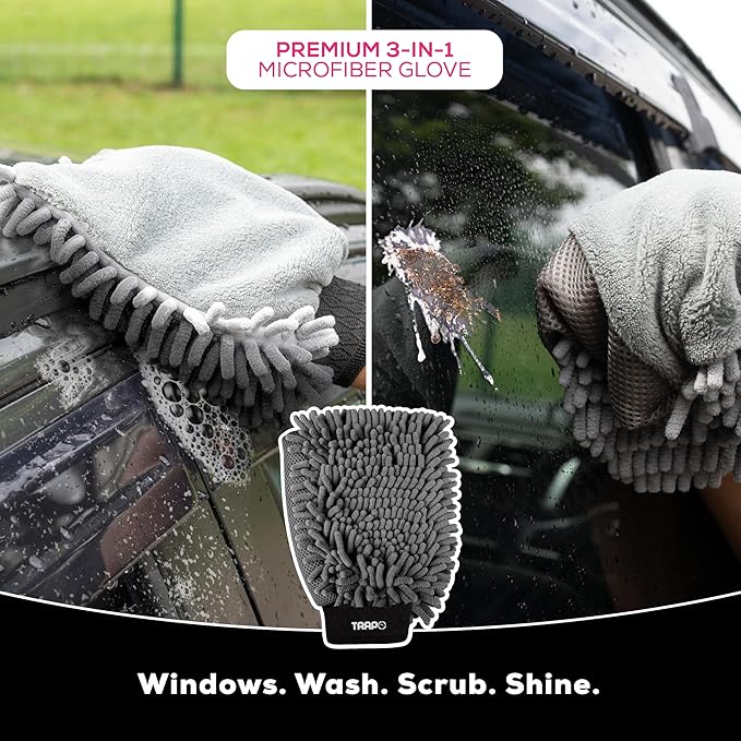 Premium 3-in-1 Car Wash Mitt Scratch Free, Cleaning Mitt, Microfiber Wash Mitts for Car Washing, Drying, and Scrubbing (2-Pack)