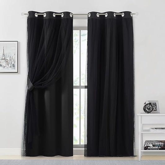 Bujasso Black Full Blackout Curtain Panels with Sheer Overlay Mix and Match Double Layer Thermal Insulated Window Treatment Set for Living Room Black Drapes with Tiebacks Grommet Top 37" Wx95 Lx2