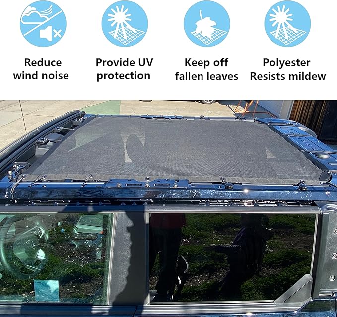 sukemichi Sunshade for Ford Bronco, Full Length Mesh Sun Shade Bikini Top Cover for Ford Bronco Accessories 2021 2022 2023 2024 2025 2026 4 Door - Blocks UV, Wind, Noise, (Black)