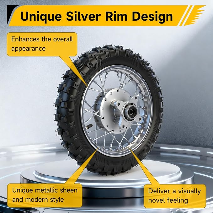 2.5-10 Dirt Bike Rear Wheel Compatible with CRF50 SSR70 TTR50 XR50, 2.5 x 10 Tire & Rim for Apollo Taotao 50cc 70cc 90cc 110cc Pit Bike Motorcycle Parts with Drum Brake Pad Shoe Assembly Silver