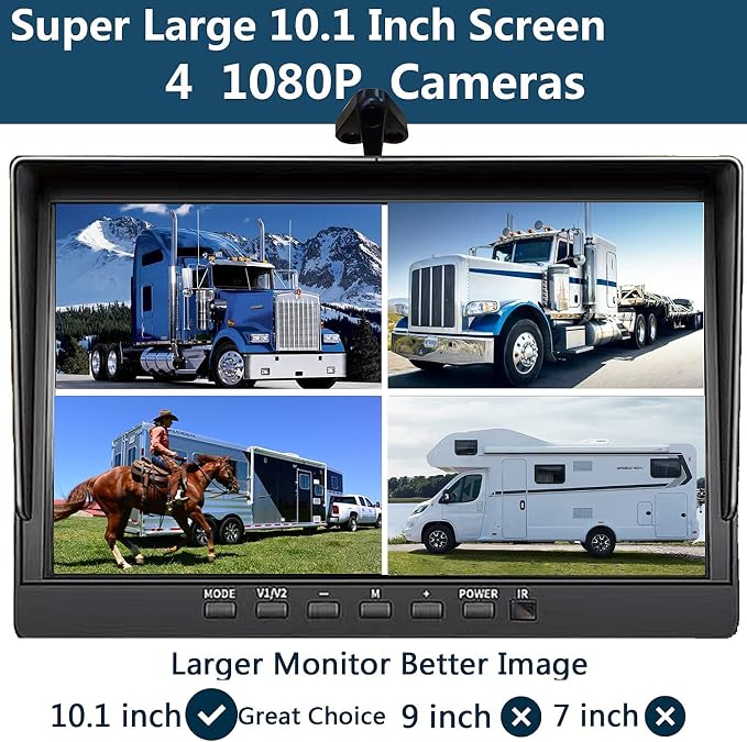 6 Channel Alarm Sensor Large 10.1 inch 1080P Backup Camera Audio Monitor & Built-in 128GB DVR Dash Cam for RV Truck Trailer Rear Side Front Reversing View Wired System Waterproof Avoid Blind Spot