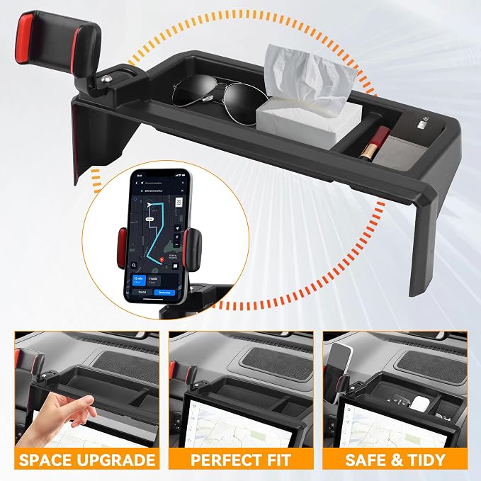 Phone Holder Dash Organizer Fit for Toyota Tacoma 2024-2026 | Fit for Toyota 4Runner 2025-2026 14 in screen, 360 Degree behind screen storage tray, not fit for 8 in screen