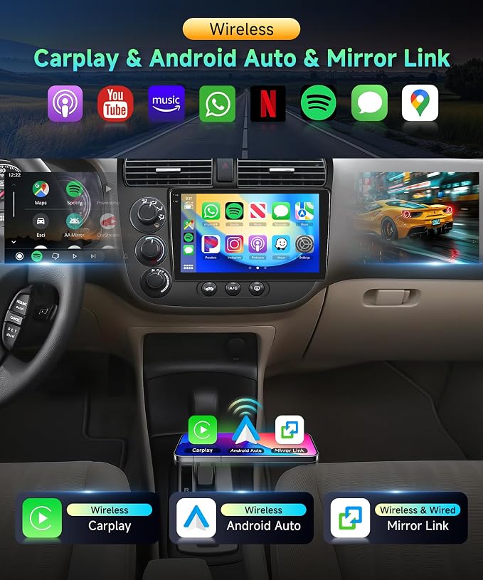 4G+128G Car Radio for Honda Civic 2001-2005 Stereo 9 inch in-Cell Screen Full Touchscreen Wireless CarPlay/Android Auto Android 15 Bluetooth DSP FM/RDS GPS WiFi SWC AHD Backup Camera