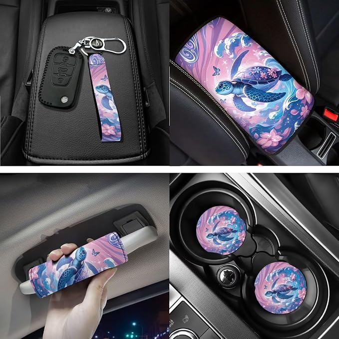 18 Pcs Pink Turtle Car Seat Covers Full Set for Women, Auto Interior Accessories with Steering Wheel Cover Floor Mats Armrest Cover Seat Belt Pads Roof Handle Wraps Cup Coaster Keychain