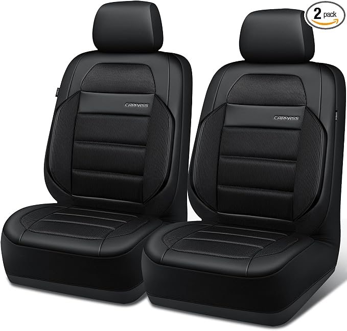 CAR PASS Memory Foam Seat Covers Front, Airy Cool Mesh Thick Car Seat Covers, Leather Car Seat Covers Front Seats Airbag Compatible, Universal Automotive Comfort for Most Cars, Trucks, SUV, Black