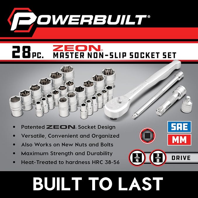Powerbuilt 28-Piece Zeon Socket Set, SAE & Metric Rounded Fastener Grip Sockets with XT90 90-Tooth Ratchet, Extensions & Storage Tray - 941763