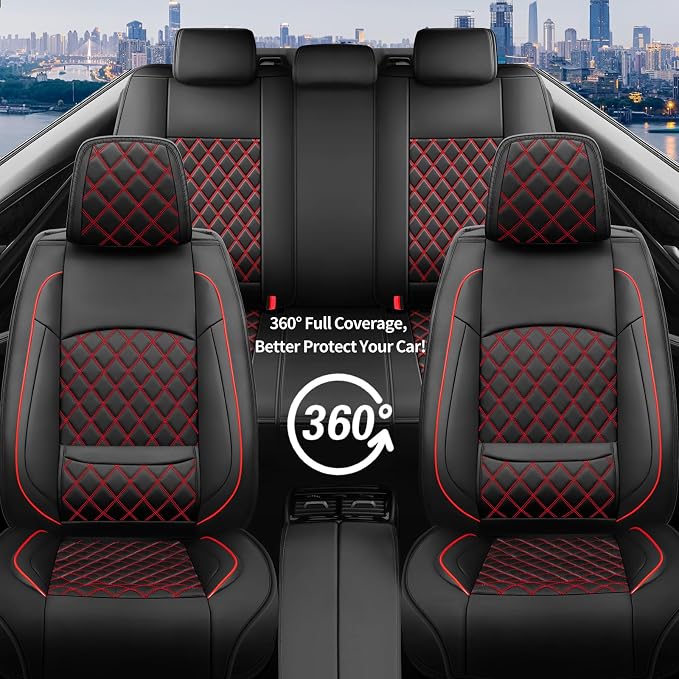 Fit Fusion Car Seat Covers for Ford Fusion 2007-2020 - Luxury Leather, Anti-Slip, All-Weather, Waterproof & Breathable, Airbag Compatible, 2 Front Seats Only (Black&Red)