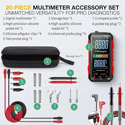 2026 Upgraded FS899L Digital Multimeter & 20 pcs Silicone Test Leads Kit, USB-C Rechargeable Color Screen, Auto 6000 Counts True RMS AC/DC Voltage Tester, NCV, CAT.III 1000V