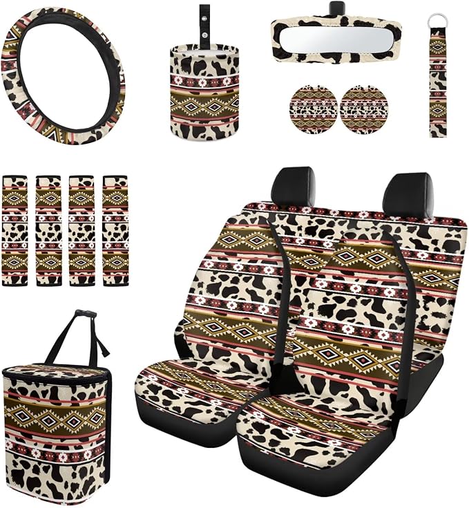 Desert Tribal Boho Car Accessories Car Seats Cover Protector, Steering Wheel Covers, Seatbelt Cover, Car Trash Can, Cup Coasters, Rearview Mirror Cover, Keychains, Pack of 15
