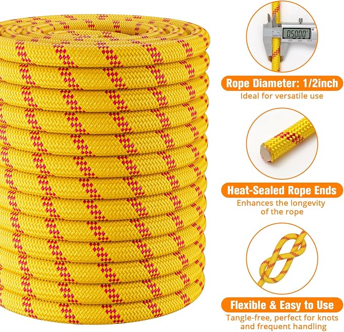 Double Braided Arborist Rigging Rope - 1/2 in X 100 ft 48 Strands Rappelling Outdoor Pulling Heavy Duty Polyester Bull Rope for Swing Tree Work Camping Rescue Hiking - Yellow
